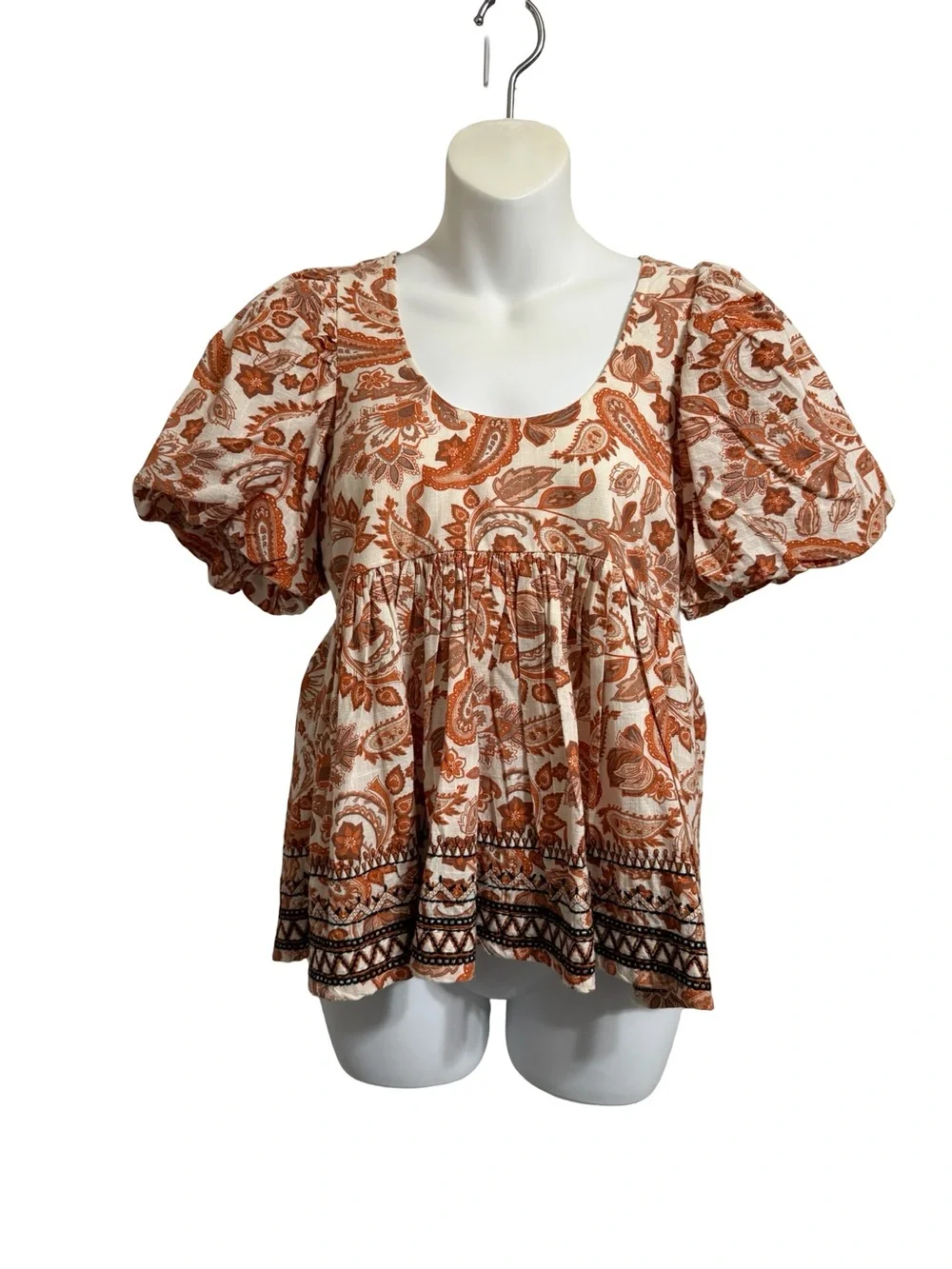 Anthropologie Rust and Cream Paisley Puff-Sleeve Peasant Blouse